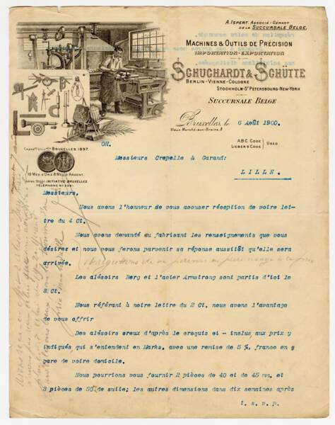 Lettre de r&eacute;ponse tap&eacute;e &agrave; la machine : papier &agrave; lettre de la soci&eacute;t&eacute; Schurchardt & Sch&uuml;tte, 1900. ANMT 1989 3 14, fonds Cr&eacute;pelle.
