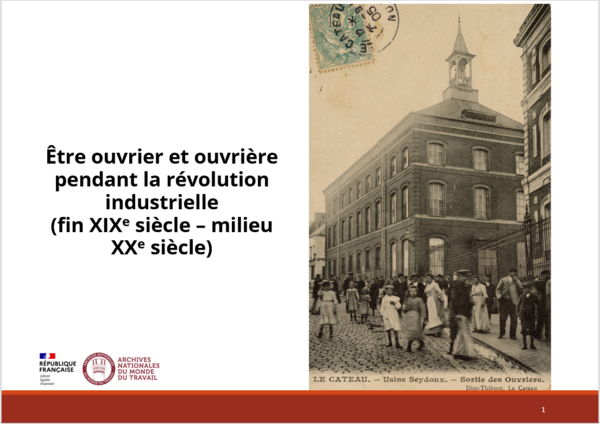 Première page de la présentation faite aux élèves lors de l'atelier avec une photographie des ouvrières sortant de l'usine Seydoux au Cateau-Cambrésis.