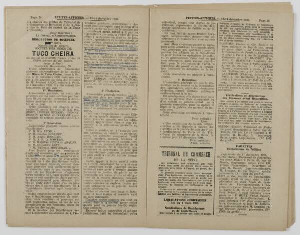 Société des mines de Tuco-Cheira : coupure de presse relative à la dissolution de la société, 1908.