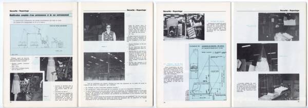 Deux doubles pages d’un article sur les pratiques d’ergonomie mise en place dans l’usine Phildar de Roubaix (Nord), dans Prévention et sécurité du travail, revue trimestrielle de sécurité sociale du Nord de France, n°113, 1977.