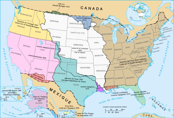 Carte des acquisitions territoriales des &Eacute;tats-Unis d'Am&eacute;rique.