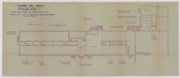 Plan des abris et répartition du personnel pour le secteur des Grands bureaux, Noeux-les-Mines (Pas-de-Calais), 1939.