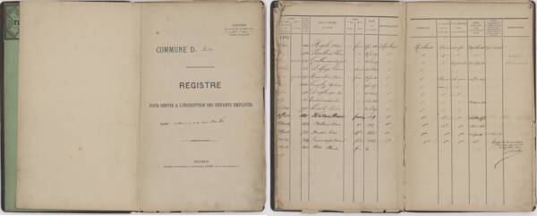 Première page et double page interne d’un registre d’inscription du personnel consacré aux enfants employés par la filature Motte-Bossut (Roubaix), 1881.