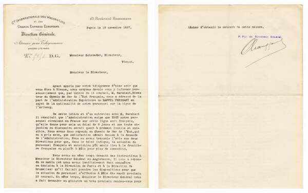 Lettre du directeur général à Paris au directeur de la division de Vienne, 19 novembre 1897.