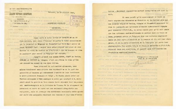 Lettre de l’inspecteur principal chef de la Division d’Ostende à la direction générale à Bruxelles, 13 juillet 1920.