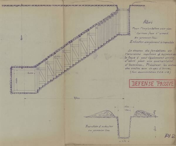 Plan d’aménagement d’un abri anti-aérien sous une ancienne machine d’extraction minière, Noeux-les-Mines (Pas-de-Calais), octobre 1938.