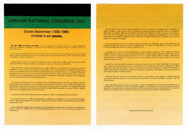 Tract de l’African National Congress (ANC) à la mémoire de Dulcie September.