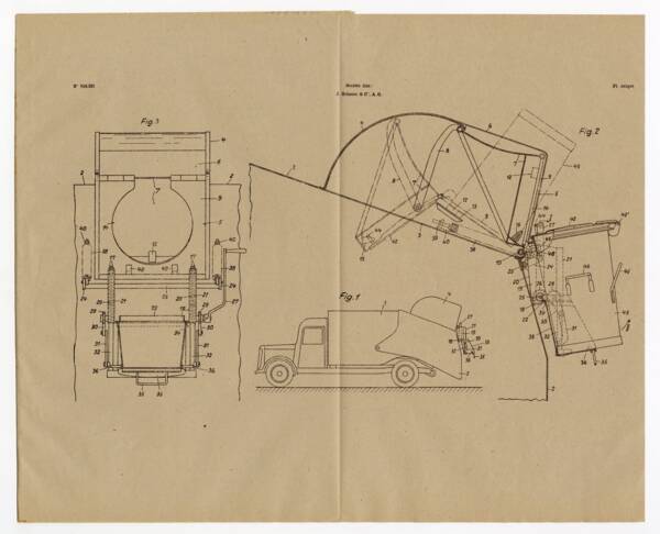 Croquis du brevet déposé par Ochsner pour un dispositif de vidange des poubelles monté sur un camion de ramassage des ordures ménagères avec benne réservoir amovible, 1945