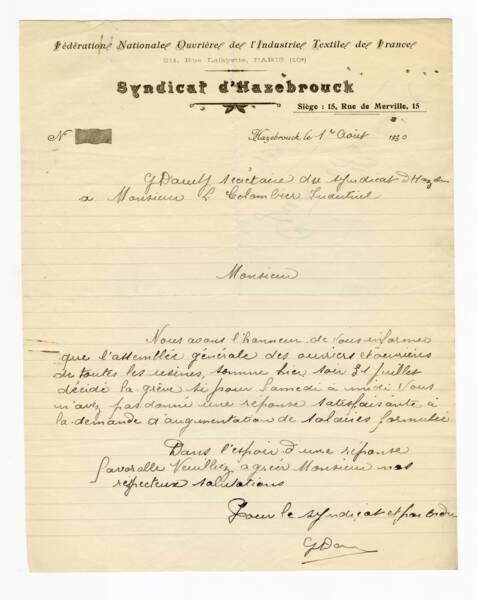 Lettre du syndicat ouvrier textile d'Hazebrouck à l'industriel M. Colombier annonçant un potentiel mouvement de grève, 1er aout 1930.