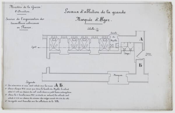 Plan des locaux d’ablution de la grande mosquée d’Alger. Imprimé, 1917. ANMT 1994 51 1848. Fonds de la compagnie des mines de Vicoigne, Nœux et Drocourt.