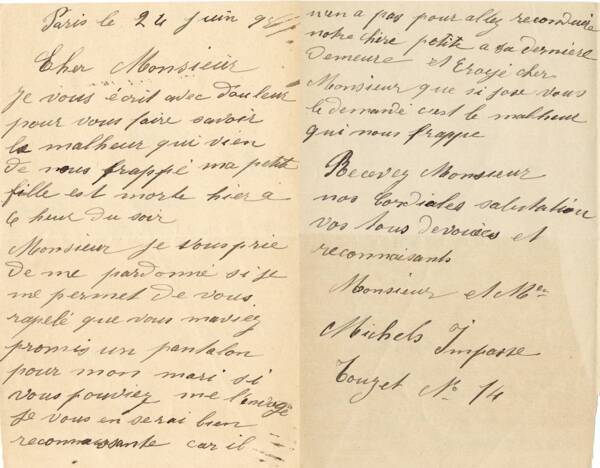 Lettre de Madame Michels à Max Lazard du 24 juin 1898 lui annonçant le décès de sa petite fille.