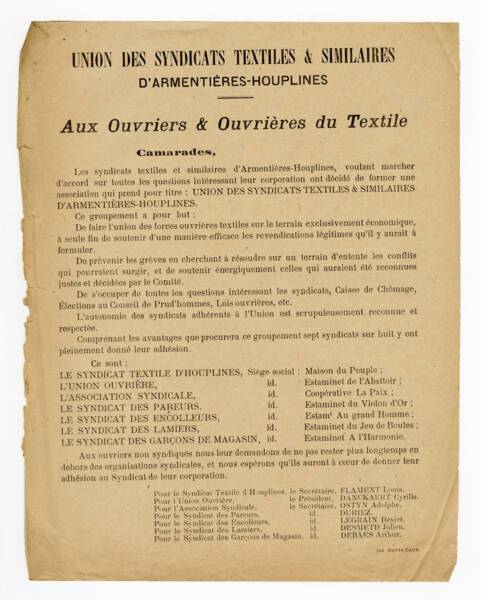 Affiche de l'union des syndicats textiles et similaires d'Armentières-Houplines comprenant la liste des syndicats adhérents à ce nouveau groupement.