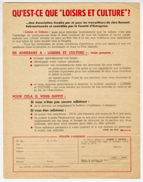 Bulletin d’adhésion, [vers 1960].