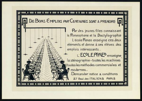 Document publicitaire pour "L&rsquo;&eacute;cole Ron&eacute;o", 1912. ANMT 2002 6 3, Ron&eacute;o (fabricant de duplicateurs, de mat&eacute;riels et mobilier bureau).