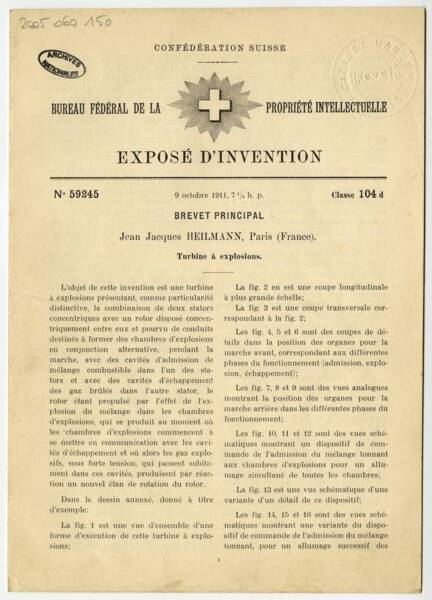 Première page du brevet de la turbine à explosions et à action directe inventée par Jean-Jacques Heilmann, 1911