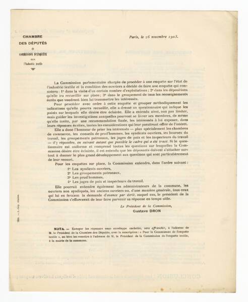 Lettre de Gustave Druon, président de la commission d'enquête sur l'industrie textile, 26 novembre 1903.