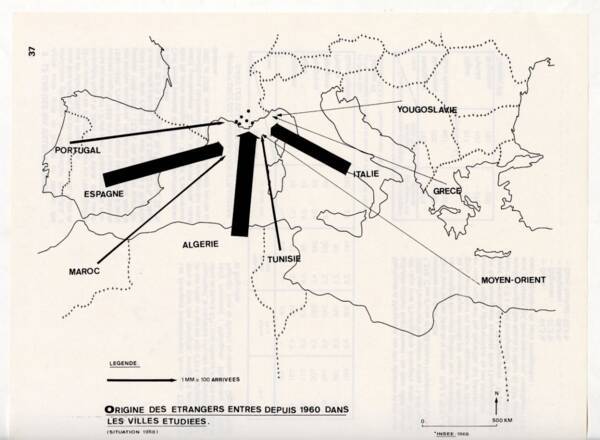 Carte tirée d’une brochure intitulée "Immigration et croissance urbaine. Les villes petites et moyennes en milieu méditerranéen". Imprimé, 1974.  ANMT 72 AS 1012. Fonds du conseil national du patronat français.