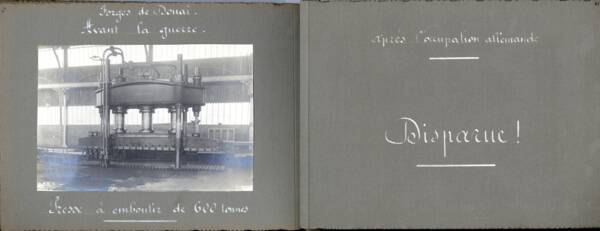 Double page de l’album photographique intitulé « Comment les Allemands comprennent et pratiquent la concurrence étrangère par la destruction et le pillage des usines françaises en dehors de tout fait de guerre » [années 1910-1920].