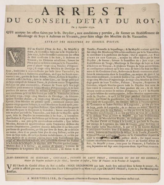 Arrêt du Conseil du Roi autorisant la création de la Manufacture royale de soie à Aubenas (Ardèche), 1752