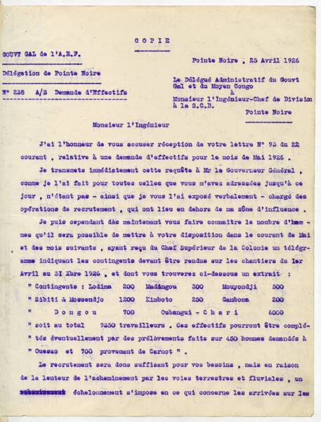 Lettre du gouvernement général de l’AEF à l’ingénieur-chef de division de la SCB, 25 avril 1926.