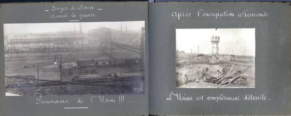 Double-page de l’album photographique intitulé « Comment les Allemands comprennent et pratiquent la concurrence étrangère par la destruction et le pillage des usines françaises en dehors de tout fait de guerre » [années 1910-1920].