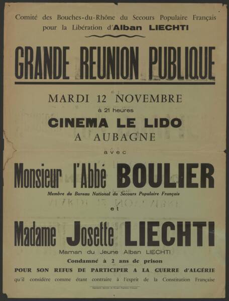 Réunion pour la libération d'Alban Liechti : affiche, 1956.