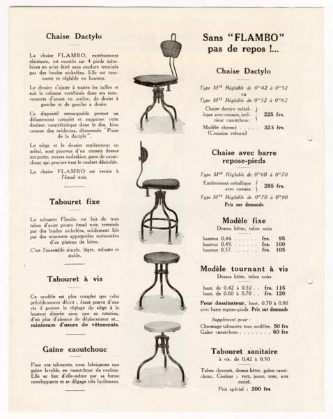 Flambo, mobiliers de bureau et mat&eacute;riels de classement : page de catalogue, 1930. ANMT 2002 26 35, pi&egrave;ces isol&eacute;es sur support papier.