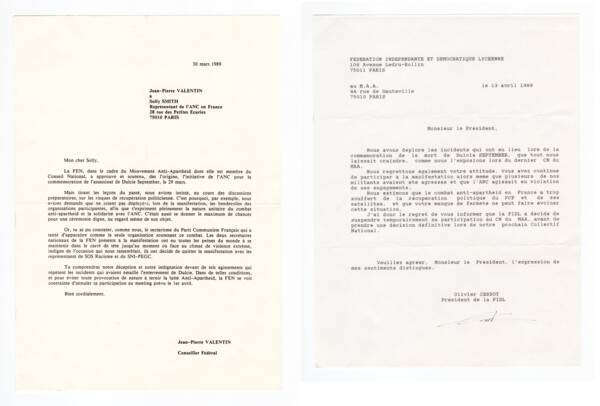 Lettres de la FEN et de la FIDL adressées à Solly Smith, représentant de l’ANC, pour sanctionner les débordements de la manifestation du 29 mars 1989 organisée en hommage à Dulcie September.