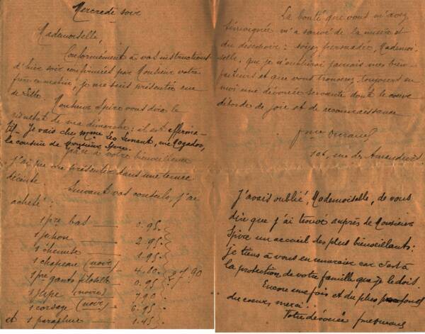 Lettre envoyée par Madame Durand listant les achats de vêtements qu’elle a réalisée pour se présenter à un nouvel emploi.