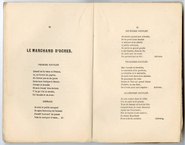 « Le marchand d’oches » (le marchand d’os) : texte d'une chanson en dialecte de Tourcoing (Nord), 1883.