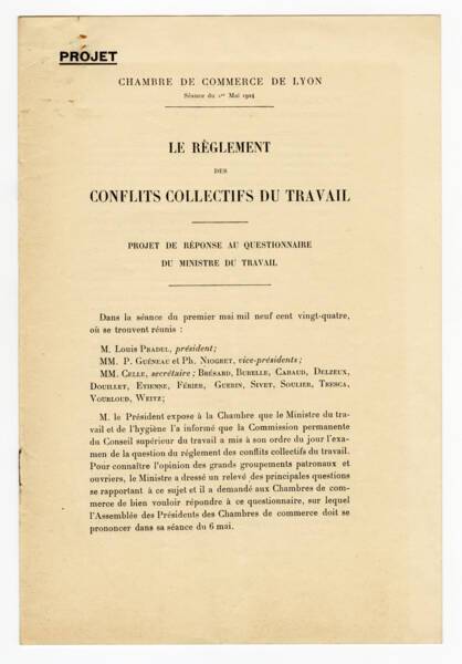 Projet de réponse de la Chambre de commerce de Lyon au questionnaire du ministre du travail sur le règlement des conflits collectifs du travail, 1924.