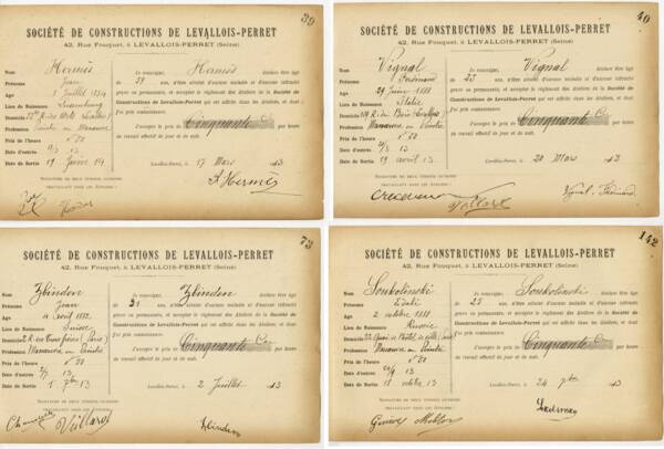 Fiches tirées du registre d’embauche des ouvriers pour les années 1911 à 1913.