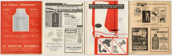 Doubles pages de publicités pour des équipements de protection professionnels, dans Prévention et sécurité du travail, revue trimestrielle de sécurité sociale du Nord de France, n°68, 1966.