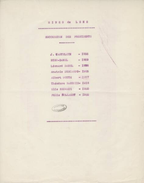 Listes des membres du conseil d'administration et des présidents depuis la création de la société des mines de Lens, vers 1934.