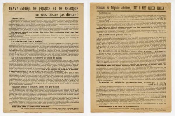 Tract syndical franco-belge (en langues française et néerlandaise), sur le non-renouvellement des cartes de frontaliers, années 1930. ANMT 1996 110 342. Consortium de l'industrie textile de Roubaix-Tourcoing.