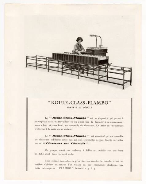Flambo, mobiliers de bureau et mat&eacute;riels de classement : page de catalogue, 1930. ANMT 2002 26 35, pi&egrave;ces isol&eacute;es sur support papier.