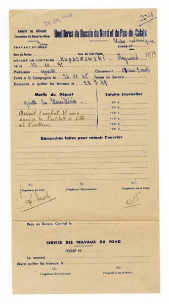 ANMT 2023 40 10221, Agence nationale pour la garantie des droits des mineurs (ANGDM) Fiche individuelle de Raymond Kopaszewski, apprenti aux Houillères du bassin du Nord et du Pas-de-Calais. « Aurait un contrat d’une équipe de football de Lille ou d’ailleurs »
