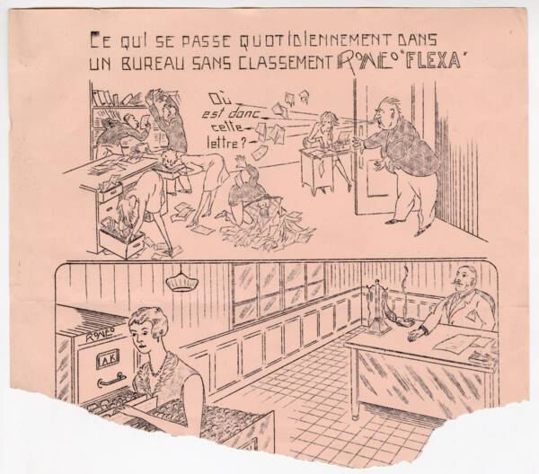 Publicit&eacute; pour mobilier de rangement Ron&eacute;o "Flexa" : dessin aux bords d&eacute;t&eacute;rior&eacute;s, s.d. ANMT 2002 6 32, Ron&eacute;o (fabricant de duplicateurs, de mat&eacute;riels et mobilier bureau).