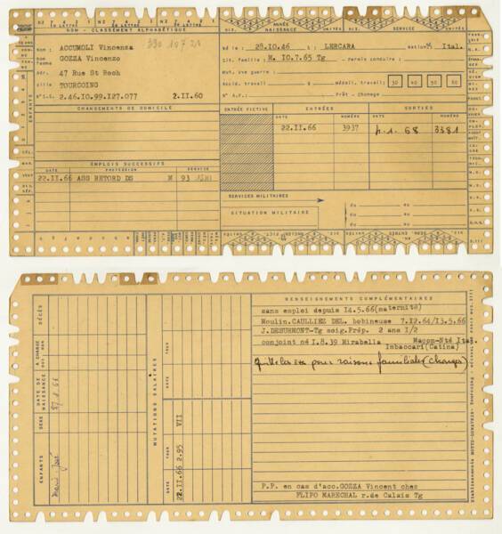 Fiche individuelle d’entrée et de sortie d’une ouvrière d’origine italienne employée dans l’usine textile Motte-Dewavrin de Roncq (agglomération lilloise) entre 1966 et 1968. Document imprimé sur carton perforé rempli à la machine à écrire et à la main, années 1960. ANMT 1999 9 925. Archives du personnel d'entreprises textiles du Nord de la France, réunies par la Caisse complémentaire de retraite du textile (CARTEX) - Institution de retraites complémentaires du textile (IRCOTEX).