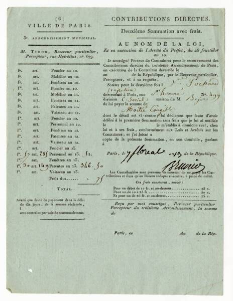 Rappel d’impôts directs, 7 floral an XIII [25 avril 1805].