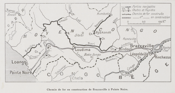 Carte du chemin de fer en construction de Brazzaville à Pointe-Noire, référence complète, Le monde colonial illustré, n°7, avril 1924.