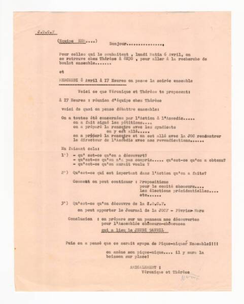 Lettre organisant une rencontre pour des jeunes chômeurs adhérents à la JOC, [années 1970].