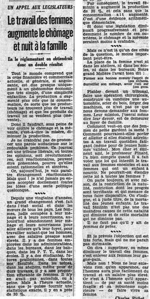 Charles Richet &laquo;&thinsp;Le travail des Femmes augmente le ch&ocirc;mage et nuit &agrave; la famille&thinsp;&raquo;, Le Matin, 5 novembre 1931.