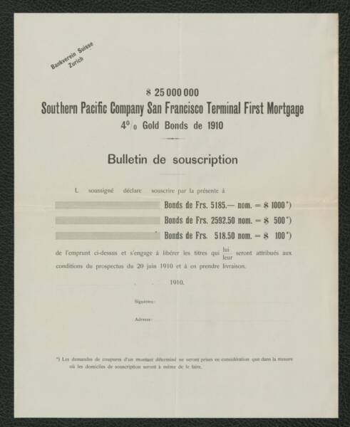 Bulletin de souscription pour la Southern Pacific Company, 1910.
