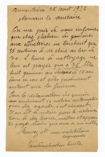 Lettre adress&eacute;e au pr&eacute;sident du Syndicat des fabricants de toile d&rsquo;Armenti&egrave;res pour d&eacute;noncer les pratiques salariales de certains industriels ne respectant pas les accords sur le tarif minimum, 1926.