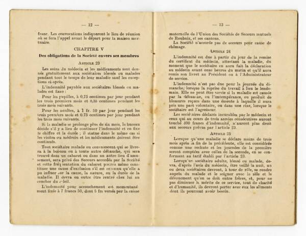 Extrait des statuts de la société de secours mutuel de Mouvaux, sur les soins et le versement d’indemnités, 1911.
