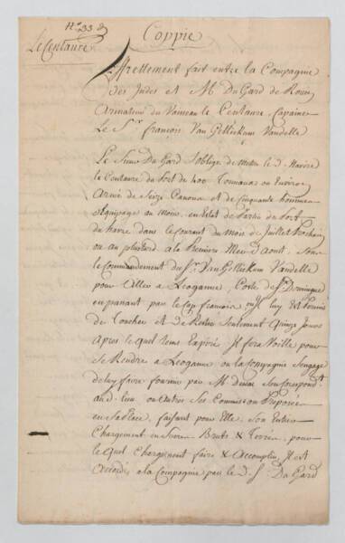 Copie du contrat passé entre la Compagnie des Indes et Robert Dugard pour transporter du sucre sur Le Centaure à son retour de Léogâne.