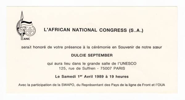 Carton d’invitation pour la cérémonie d’hommage à Dulcie September organisée par l’ANC le 1er avril 1989.