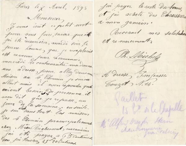 Lettre de Philippe Michels à Max Lazard du 7 avril 1898, au sujet de sa recherche d’emploi.