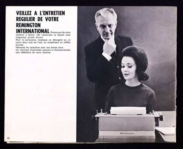 Publicit&eacute; pour la machine &agrave; &eacute;crire Remington Internationale : page de catalogue Flambo,1930. ANMT 2002 26 35, pi&egrave;ces isol&eacute;es sur support papier.